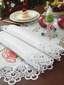1pc 100% Polyester Christmas Table Runner With Lace Trim, Embroidered Red Candle, Bell And Holly Leaf Pattern, White Holiday Dining Table Decor, Suitable For Winter Party Home Decoration - White - View 4