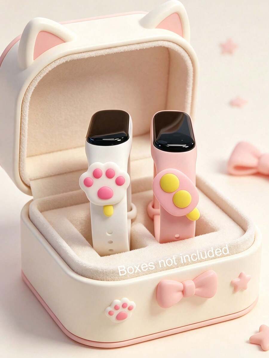 2pcs/Set Unisex Student Children Disposable Ocean Series LED White Light Electronic Wristband, Cute Cat Paw Popsicle Pendant - Multiple Combinations, Can Display Time And Date, Suitable For Back To School, Birthday, Christmas Gifts And Other Occasions - Multicolor - View 1