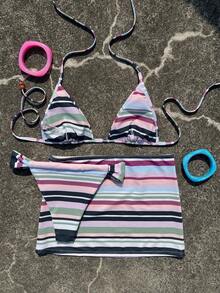 HOTTIE HABIT Set Bikini 2 Potong Bergaris Warna-warni untuk Wanita, Atasan Segitiga Model Halter & Rok Renang Model Lilit yang Serasi, Baju Renang Pas Badan untuk Liburan Musim Panas di Pantai dan Kolam Renang - MultiWarna - View 6