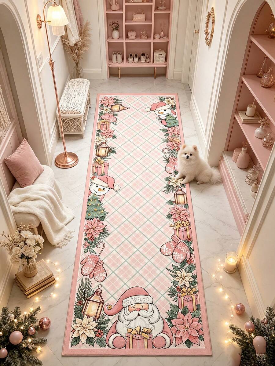 1pc Pink Floral Runner Rug, Hallway Long Carpet, Carpet, Home Decor, Living Room Area Rug, Room Decoration, Washable Rug, Christmas Gift - Pink Floral - View 1