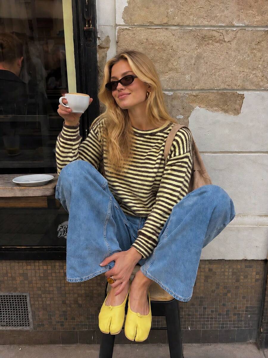 Women's Striped Knit Pullover Sweater, Long Sleeve Regular Length Top, Suitable For Autumn Wear, Medium Stretch Comfortable - Multicolor - View 1