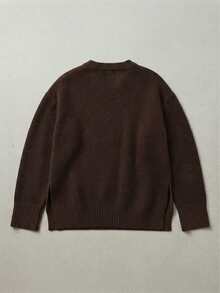 New Women's Square Round Neck Brown Ribbed Collar Pullover Knit Sweater, Casual Everyday Versatile - Brown - View 4