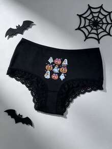 6PCS Halloween Pumpkin Bat Spider Web Ghost Multicolor Print Lace Patchwork Sexy Women's Lingerie Comfortable Ladies Panties - Black - View 5