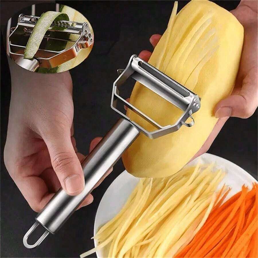 1PC Multifunctional 2-In-1 Stainless Steel Peeler & Grater, Household Kitchen Fruit & Vegetable Peeling & Shredding Tool, Dual-Sided Dual-Blade Design, One Side For Fast Peeling, Other Side For Easy Shredding, 2-In-1 Use, Saves Kitchen Storage Space. Suitable For Peeling & Shredding Potatoes, Cucumbers, Carrots, Pumpkins, Apples, Oranges, Dragon Fruits And Other Fruits & Vegetables, Thin & Even Peeling, Fine & Neat Shredding