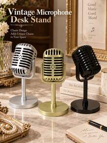 Black/Gold/Silver Vintage Microphone Prop, Adjustable Angle, Plastic Simulation Microphone Decoration, Party Gift, Live Performance, Home Bar Decor - AA - View 2
