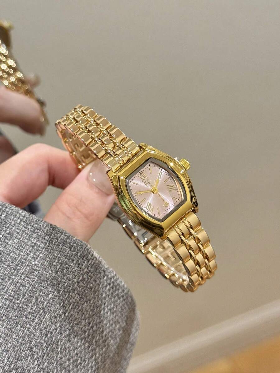 1件女款金色石英手錶，粉色錶盤，精緻混搭刻度，折疊扣，適合日常佩戴 - 金色 - 查看 1