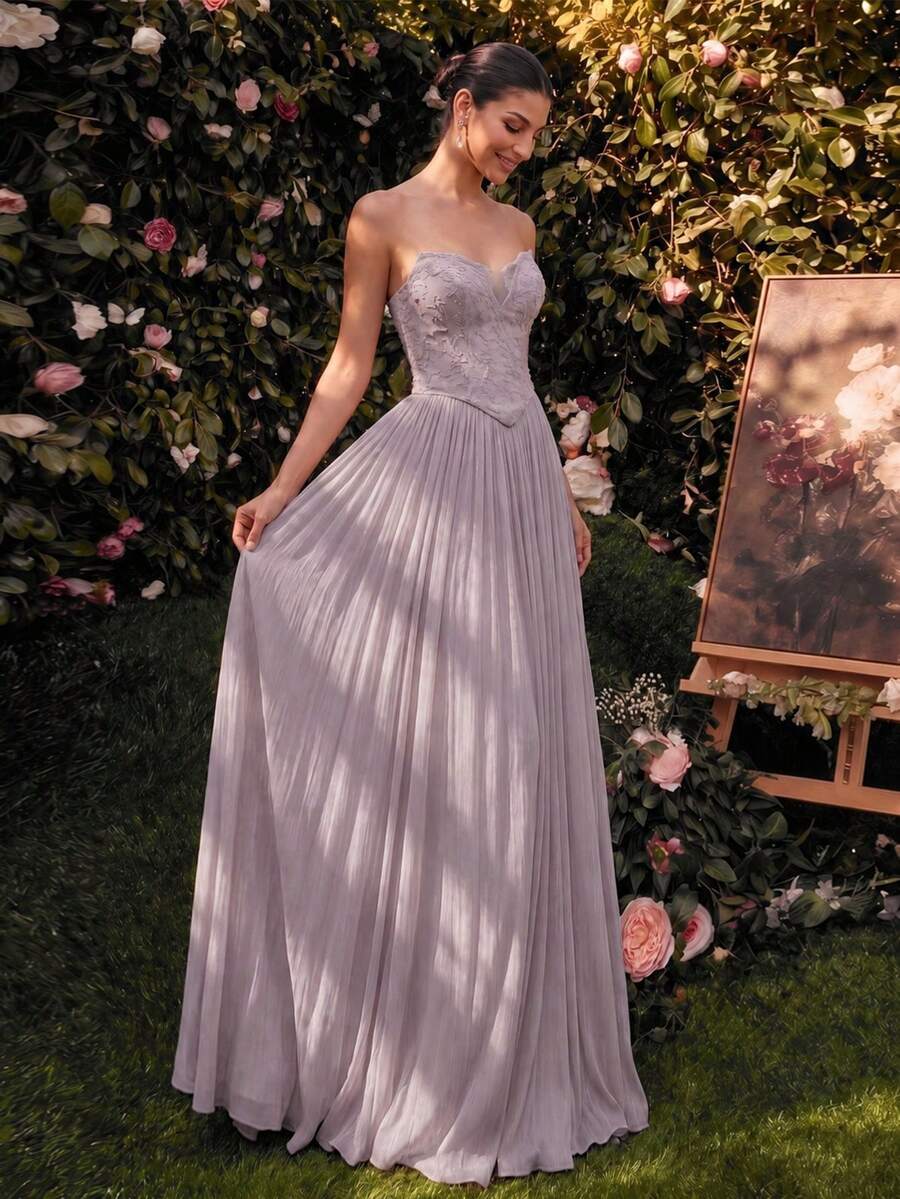 Smilprince Women's Dusty Lavender Luxury Strapless Beaded Chiffon Ruched Floor Length Flowy Formal Evening Gown, Spring Summer Party Special Occasion Outfit - Dusty Purple - View 1