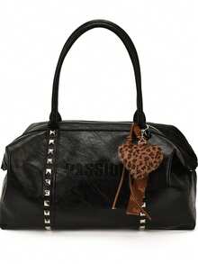 Tas Bahu Retro Wanita Kapasitas Besar, Tas Hobo Dekorasi Rivet Timbul Huruf dengan Liontin Hati Leopard, Tas Tote Kasual untuk Komuter - MultiWarna - View 13