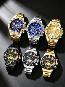 6pcs Boys Sports Watch Gift Set, Gift For Friends, Stainless Steel Material, Calendar Wristwatch, Birthday Gift Box, Quartz Watch Gift Set - Multicolor - View 4