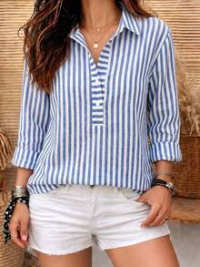Women's Blue And White Striped Long Sleeve Button Detail Lapel Collar Shirt, Casual Elegant, Suitable For Home, Office, Commute, Daily Wear, All Seasons - Light Blue - View 5