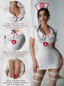 Women's Sweet Sexy Nurse Cosplay Uniform Dress With Hollow Back And Bow, Role Play Costume For Streamers - White - View 2