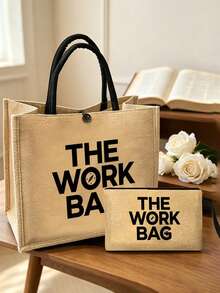 大容量工作托特包套組，黑色字母「THE WORK BAG」，多功能收納包，極簡風格專業女性托特包，休閒日常與商務旅行包，新工作祝賀禮物，獨特聖誕禮物，亞麻手柄托特包與手提帶化妝包，旅行、度假、野餐、超市購物、日常攜帶，生日禮物，返校季，女性時尚帆布拉鍊手提包－優質購物選擇 - 彩色 - 查看 1