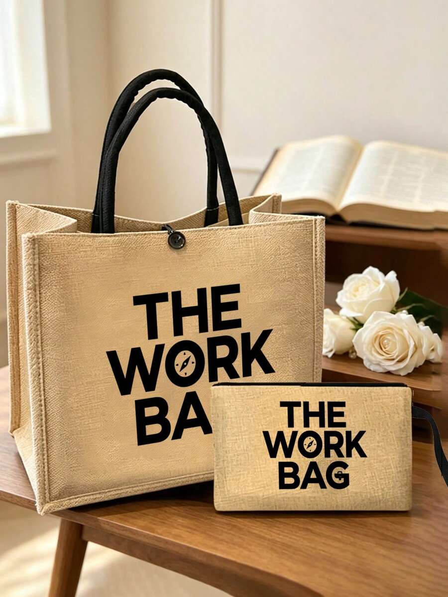大容量工作托特包套組,黑色字母「THE WORK BAG」,多功能收納包,極簡風格專業女性托特包,休閒日常與商務旅行包,新工作祝賀禮物,獨特聖誕禮物,亞麻手柄托特包與手提帶化妝包,旅行、度假、野餐、超市購物、日常攜帶,生日禮物,返校季,女性時尚帆布拉鍊手提包-優質購物選擇 - 彩色 - 查看 1