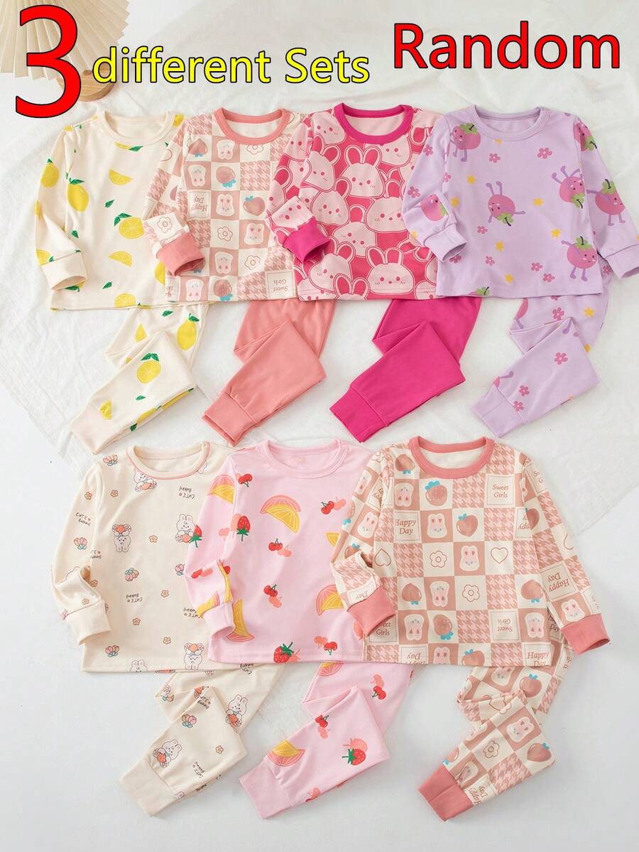 7 Sets Send 3 Sets Random Girls Cartoon Underwear Set Cute Print Medium Thick Long Sleeve Long Pants Loungewear Set Printed Autumn Top And Pants - Multicolor - View 1