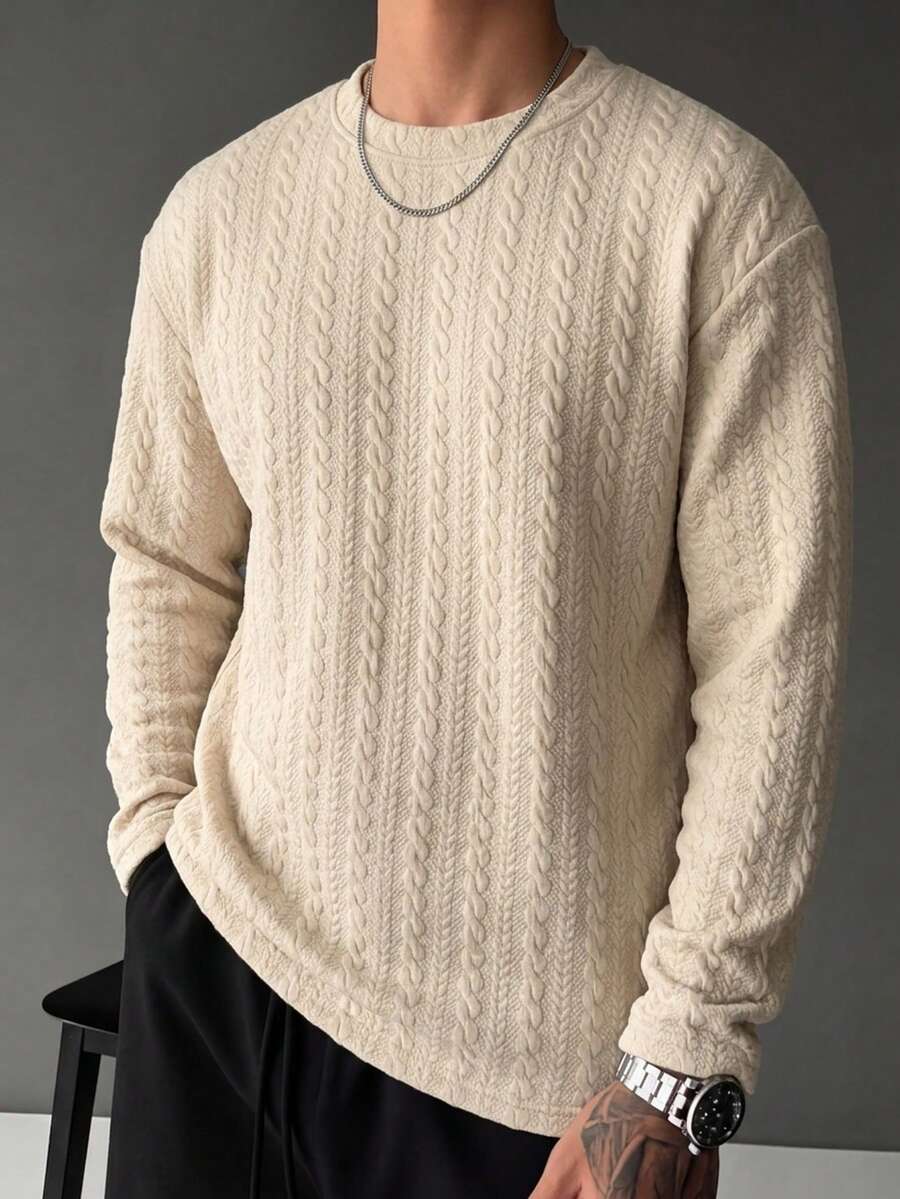 Apricot Textured Jacquard Round Neck Long Sleeve Men's Top, Loose Drop Shoulder Versatile Casual Base Layer - Apricot - View 1