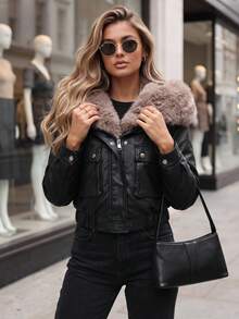 Women's Short Artificial Leather Jacket With Artificial Fur Hood, Zip Closure, Side Pockets - Black - View 2