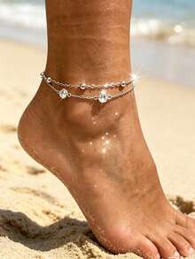 1pc Minimalist Double Layer Beaded Anklet, Multifunctional Sexy Suitable For Party, Beach, Daily Wear, Holiday Gift (Random Bead Quantity) - Silver - View 2