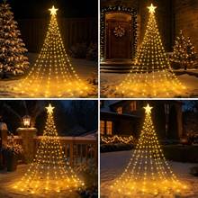 Christmas Outdoor Night Scene Decorative Lights, Solar Powered Christmas Tree Star Waterfall Lights. Top Features Exquisite Five-Pointed Star Light Head, 2M Specification, 9 Strands Of Light Lines With 198 LED Beads, Warm, Colorful, White Three Light Colors Available. Light Lines Naturally Drape To Form Waterfall Style, Presents Complete Christmas Tree Shape After Hanging, Excellent Atmosphere. - Christmas Tree Star Waterfall Lights - View 5