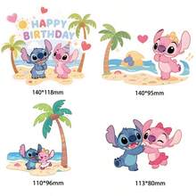 Stitch & Angel Happy Birthday Cake Topper, Tropical Beach Cartoon Character Cake Decorations With Palm Tree And Seaside Elements For Birthday Party Dessert Decor - View 4