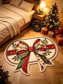 1pc Christmas Bow Velvet Rug, Decorative Carpet, Bedroom Decor, Small Rug, Carpet, Home Decor, Living Room Rug, Living Room Small Rug, Bedroom Carpet, Living Room Home Decor - Multicolor - View 3