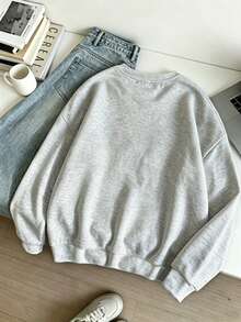 Women's Round Neck Sweatshirt, Printed Pattern With Eerie Vibe, Simple Casual - Light Grey - View 1