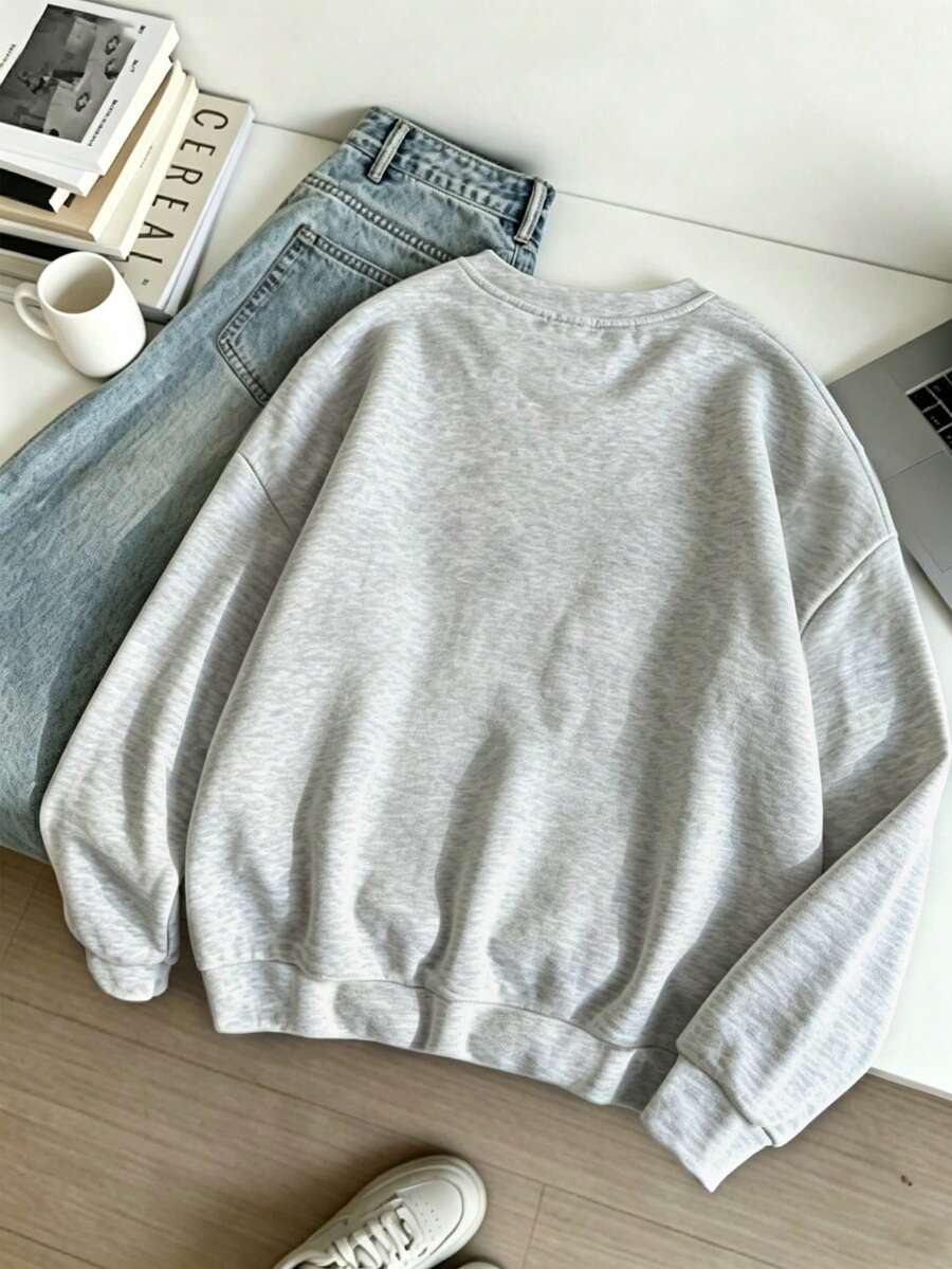 Women's Round Neck Sweatshirt, Printed Pattern With Eerie Vibe, Simple Casual - Light Grey - View 1