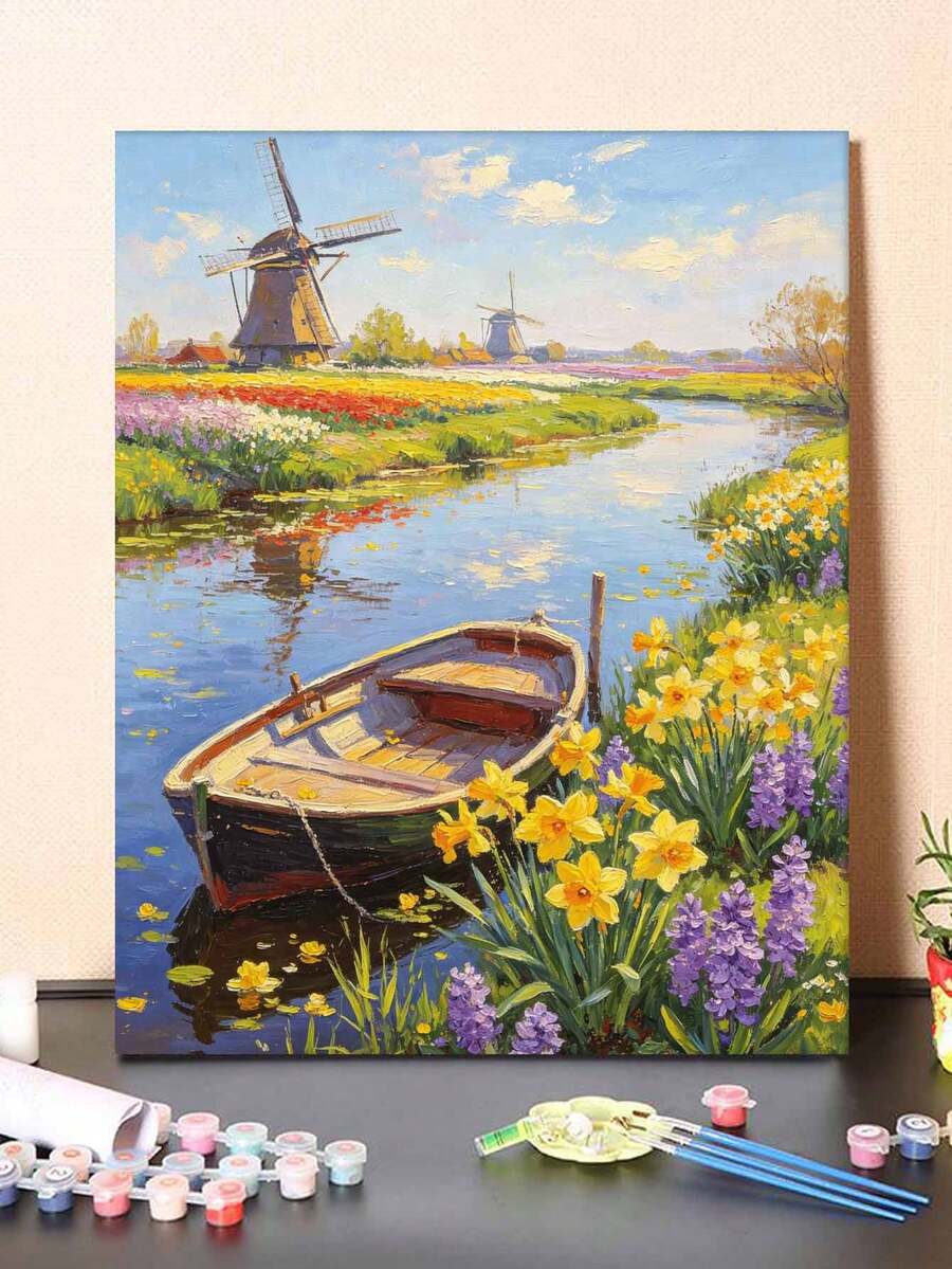 Dutch Water Village DIY Digital Oil Painting, Adult Beginner Handmade, Canvas Art Wall Decor, Holiday Gift, Includes Painting Tools