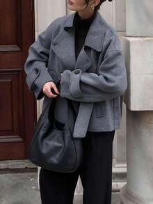 Women's Fashion Gray Short Coat, Lapel Design, Long Raglan Sleeves, Regular Fit, Winter Fashion Outerwear - Grey - View 3