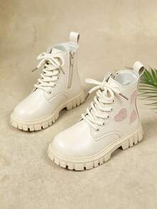 Shu Rui Girls Cute Glitter Heart Decor Boots, Solid Color Minimalist Ankle Boots, Indoor/Outdoor Daily Versatile Casual Boots - Beige - View 1