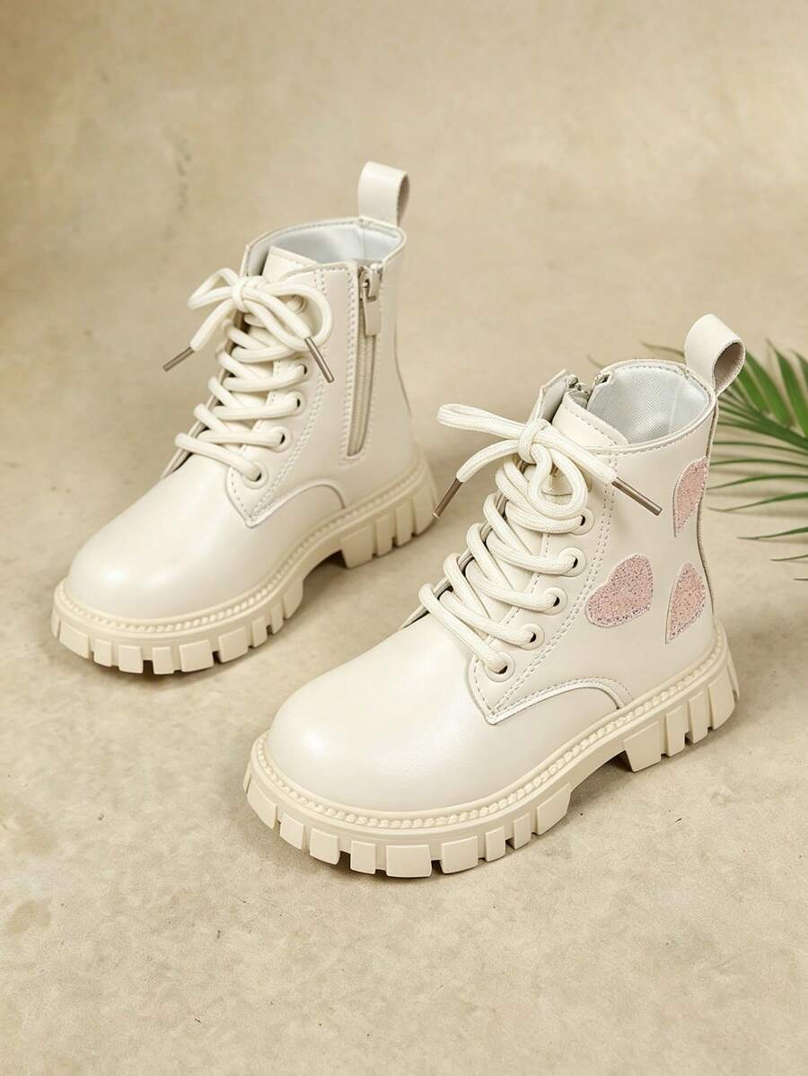 Shu Rui Girls Cute Glitter Heart Decor Boots, Solid Color Minimalist Ankle Boots, Indoor/Outdoor Daily Versatile Casual Boots - Beige - View 1
