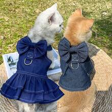 1pc Cute Denim Bow Dress For Cats And Dogs, Pet Harness Dress With Bowknot Design, Stylish Jean Skirt Outfit For Small Dogs And Kittens, Adorable Pet Clothing - Multicolor - View 4