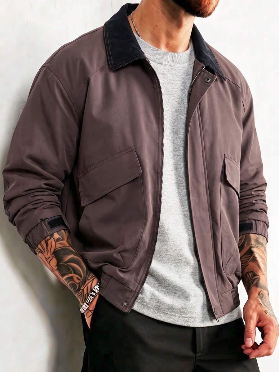 Blueprint Man 1pc Men's Jacket, Coffee Brown Lapel Jacket, Crisp Woven Fabric With Excellent Texture And Wrinkle-Resistant, Elastic Ribbed Hem For Snug Fit, Vintage Minimalist Style, Suitable For Daily Commute And Casual Outings - Coffee Brown - View 1