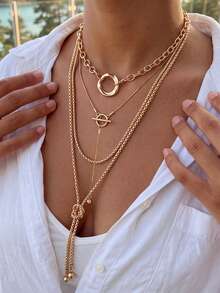 3pcs Vintage French Elegant Fashion Hip Hop Bohemian Vacation Style Geometric Asymmetrical Multi-Layer Wrapped Beaded Mobius Ring Pendant Necklace Y-Shaped Tassel Long Gold Necklace Personalized Exaggerated Unique Y2K Layered Y-Chain Collarbone Chain Sweater Chain Suitable For Women Summer Beach Vacation Party Evening Banquet Music Festival Date Gift Daily Wear All Season Versatile Jewelry - Yellow Gold - View 1