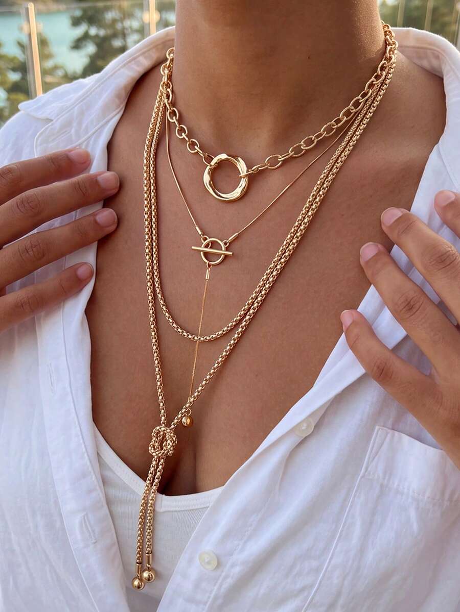 3pcs Vintage French Elegant Fashion Hip Hop Bohemian Vacation Style Geometric Asymmetrical Multi-Layer Wrapped Beaded Mobius Ring Pendant Necklace Y-Shaped Tassel Long Gold Necklace Personalized Exaggerated Unique Y2K Layered Y-Chain Collarbone Chain Sweater Chain Suitable For Women Summer Beach Vacation Party Evening Banquet Music Festival Date Gift Daily Wear All Season Versatile Jewelry - Yellow Gold - View 1