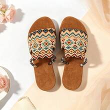 Vintage Geometric Print Woven Strap Flat Slip-On Sandals For Women, Beach Vacation Outdoor Wear And Home Slippers - Multicolor - View 6
