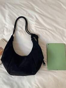 1件女款秋冬新款純色新月肩背包，時尚大容量手提包，適合成年女性時尚穿搭、外出與購物 - 黑色 - 查看 4