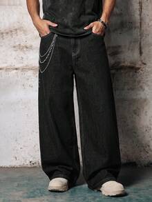 Skyrend Men Gothic Wide Leg Jeans, American Streetwear Denim Pants, Retro Embroidered Grunge Baggy Jeans For All Season Daily Commute, No Belt Halloween - Black - View 2