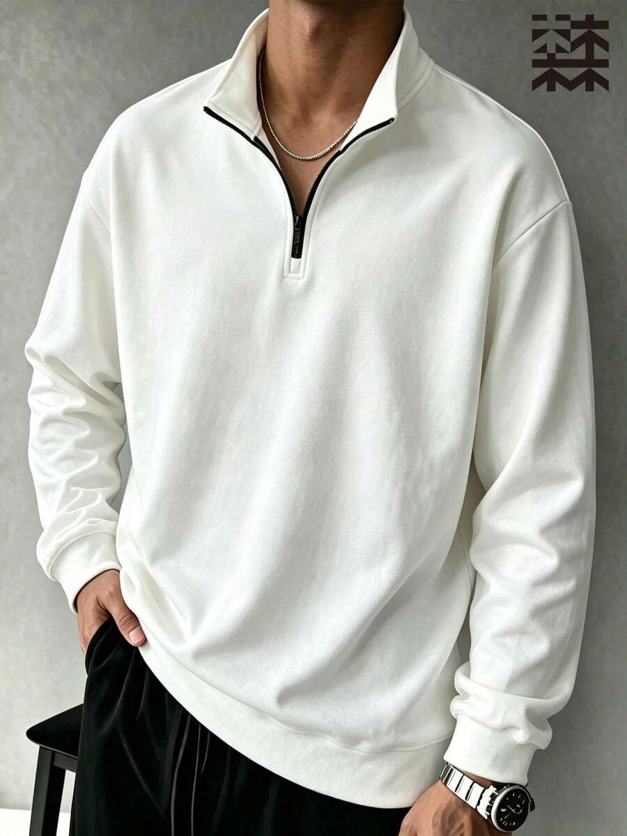 mulinsen 男士純色半拉鍊立領運動衫,落肩長袖上衣,極簡通勤休閒風 - 白色 - 查看 1
