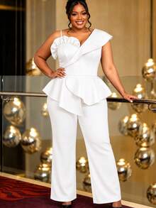 Plus Size White Elegant Ruffled Jumpsuits Sleeveless V Collar Top Spaghetti Strap Peplum Waist Wide Leg Pants Slim Fit Evening Party Rompers - White - View 5