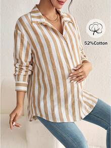 Bump Style Maternity Brown Striped Long Sleeve Button Down Shirt Jacket Loose Non-Stretch Blouse Matching Set - Brown - View 5