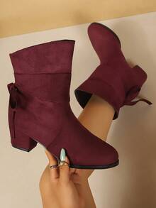 Women's Fashion Chunky Heel Comfortable Casual Ankle Boots With Back Butterfly Design, Suitable For Matching Skirts And Pants - Burgundy - View 4