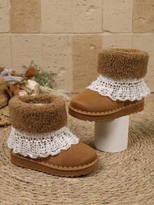 Sweet Lace Trim Girls' Boots, Beige Almond Color, Shiny Surface, Slip-On Style, Thick Fleece Lining, Non-Slip, Princess Style, Versatile Comfortable Ankle Boots For Kids - Khaki - View 1