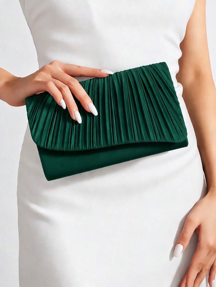 Champagne Satin Pleated Envelope Clutch Evening Bag Beach Bag For Women