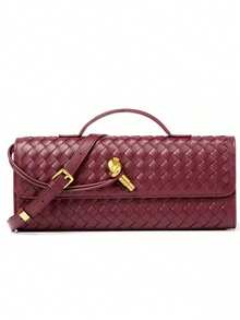 Women's Burgundy Woven Texture Long Clutch Bag, Gold Twist Lock Closure Slim Handle Evening Bag, Suitable For Parties - Multi-color - View 14