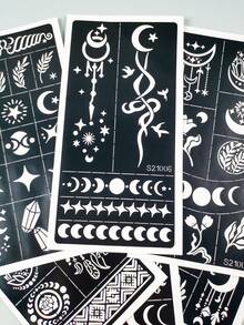 6pcs Mysterious Celestial Tattoo Stencils, Moon & Star Hollow Templates, Compatible With Body Paint, Glitter Tattoo Powder, Suitable For Halloween, Music Festivals, Bohemian Theme Parties - Black - View 6