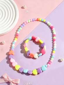 Set Perhiasan Kalung & Gelang Manik-Manik Hati Warna-warni (2pcs/Set), Hadiah Ulang Tahun Pesta Anak Perempuan yang Lucu, Cocok untuk Pemakaian Sehari-hari - Satu-Ukuran - View 1