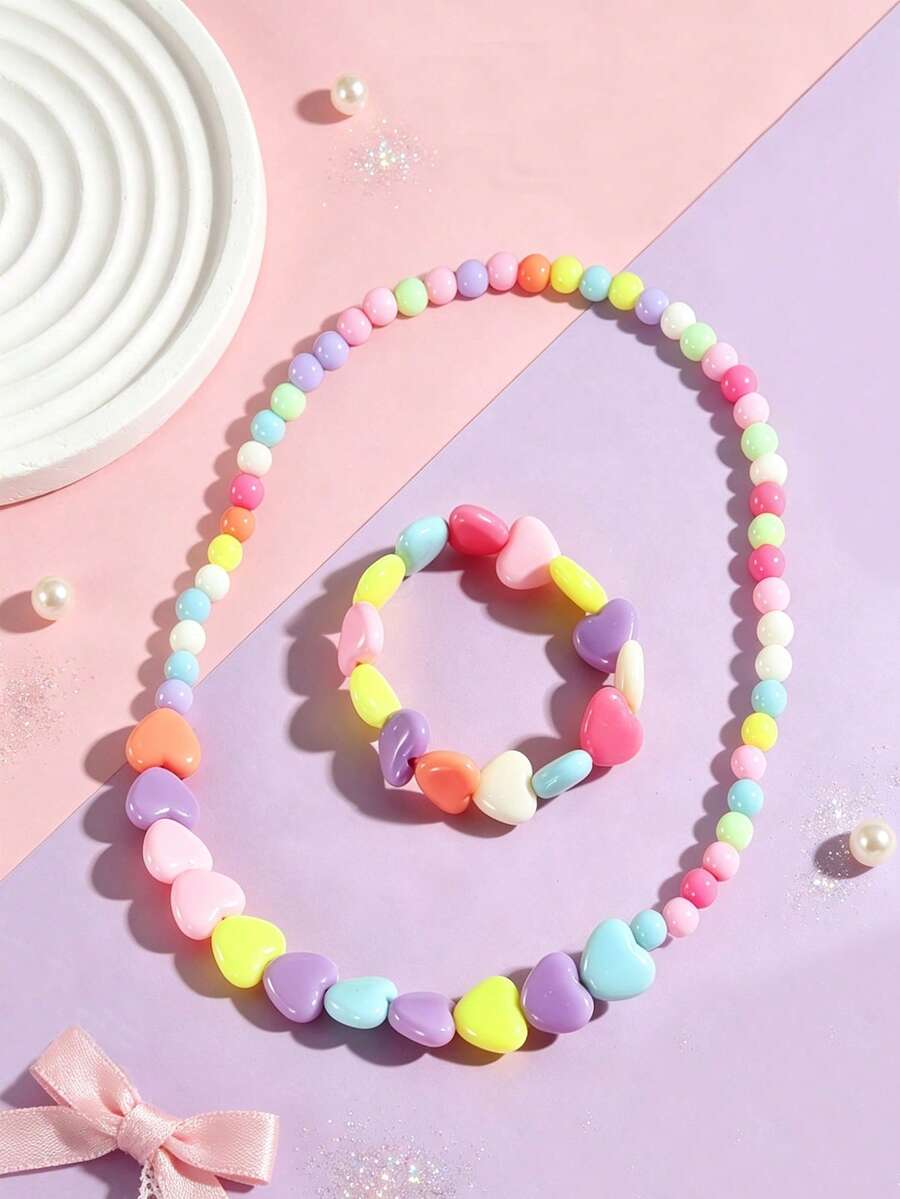 Set Perhiasan Kalung & Gelang Manik-Manik Hati Warna-warni (2pcs/Set), Hadiah Ulang Tahun Pesta Anak Perempuan yang Lucu, Cocok untuk Pemakaian Sehari-hari - Satu-Ukuran - View 1