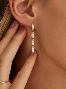 Women's Gold Tone Huggie Hoop Earrings,3 Marquise Cut CZ Pendant, Delicate Linked CZ Drop Dangle Earrings, Elegant Accessory For Date ,Daily, Wedding - Gold - View 1