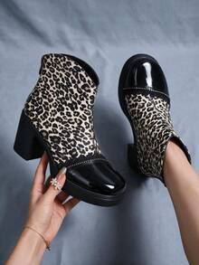 Autumn/Winter New Black Leather Ankle Boots For Women, Leopard Print Rhinestone Decor, Chunky High Heel, Side Zipper, Slimming, Daily Commute - Black - View 1