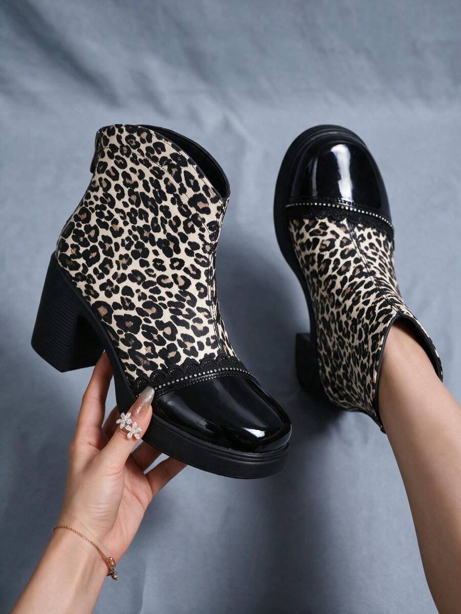 Autumn/Winter New Black Leather Ankle Boots For Women, Leopard Print Rhinestone Decor, Chunky High Heel, Side Zipper, Slimming, Daily Commute - Black - View 1